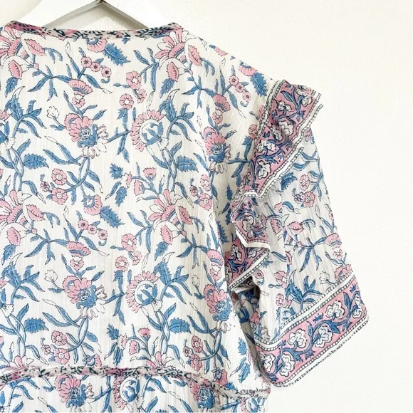 SAYLOR Evelynne Blockprint Floral Mini Tiered Dress Cotton Size Medium - Picture 7 of 9